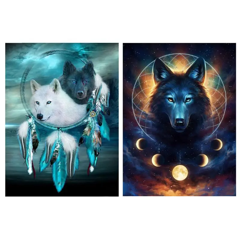 

Set of 2 Diamond Painting Kit for Adult Full Drill Paint with Diamonds Pictures Arts Craft for Home Decor Gift,dreamcatcher Wolf