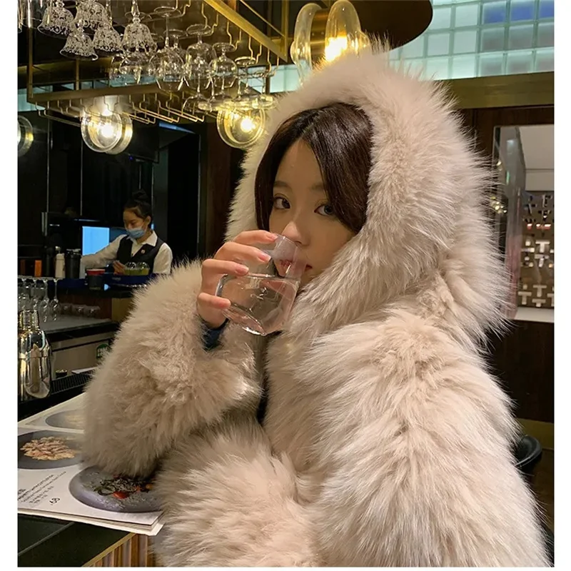 Celebrities Female Bat Sleeve Loose Hooded Korean Lmitate Fur Coat