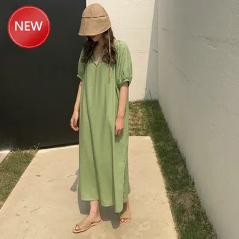 

Casual DressWomen Summer Green Vintage Cotton Linen V Neck Long Dress Short Sleeve Loose Plus Size Dresses Autumn Clothes Women