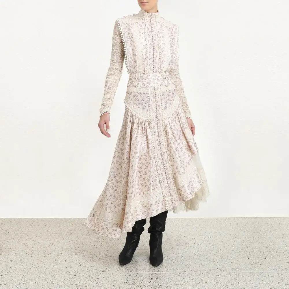 

Vintage Floral Print Irregular Woman Dress Lace Embroidery High Waist Sashes Holiday Vacation Sweet Dress Elegant Vestidos