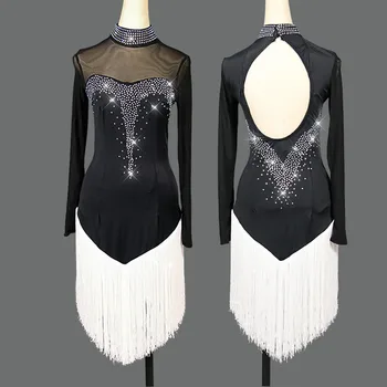 

New Latin Dance Dress Women Black Long Sleeve Fringe Dresses Salsa Rumba Performance Costumes Ballroom Dance Competition Dresses