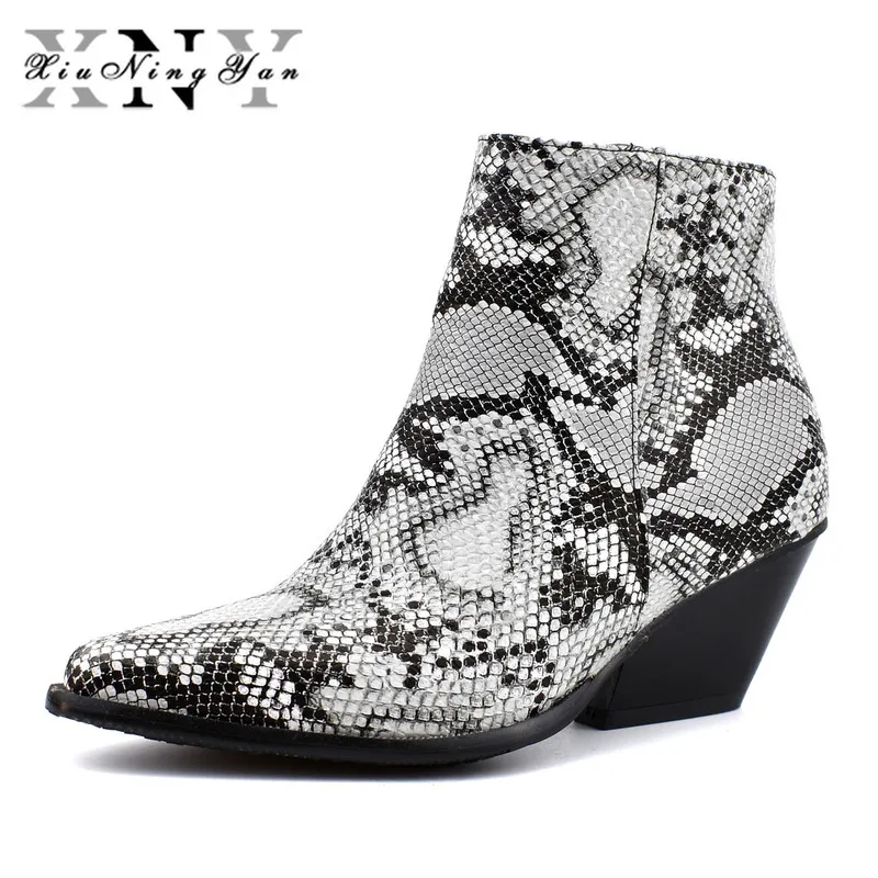 

XIUNINGYAN Print Snakeskin Women Ankle Boots Zip Pointed Toe Footwear Thick High Heels Female Boot Party Winter Shoes Woman 2019