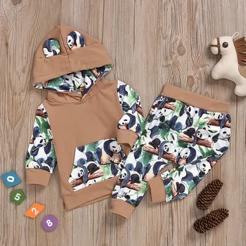 

Toddler Boy Clothes Fashion Character Panda Print Hooded Tops Sweatshirt Pants Trousers Set Full Cotton Soft Baby Boys Outfits