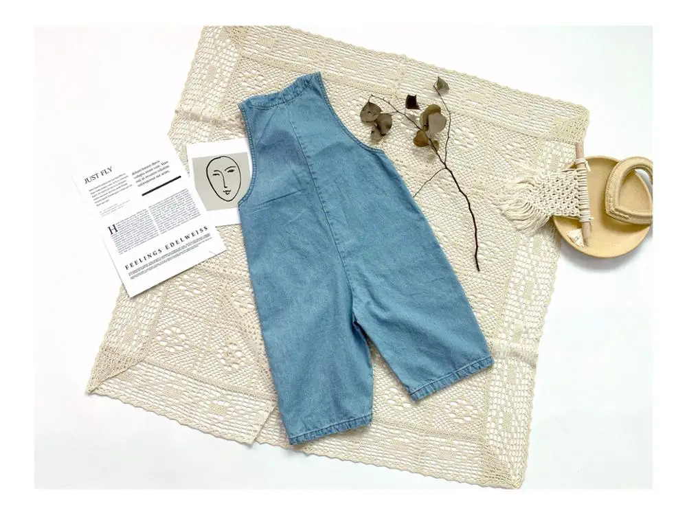 Spring Summer Children Denim Jumpsuits Korean Style Loose Retro Sleeveless Unisex Kids Overalls Soft Casual Pants