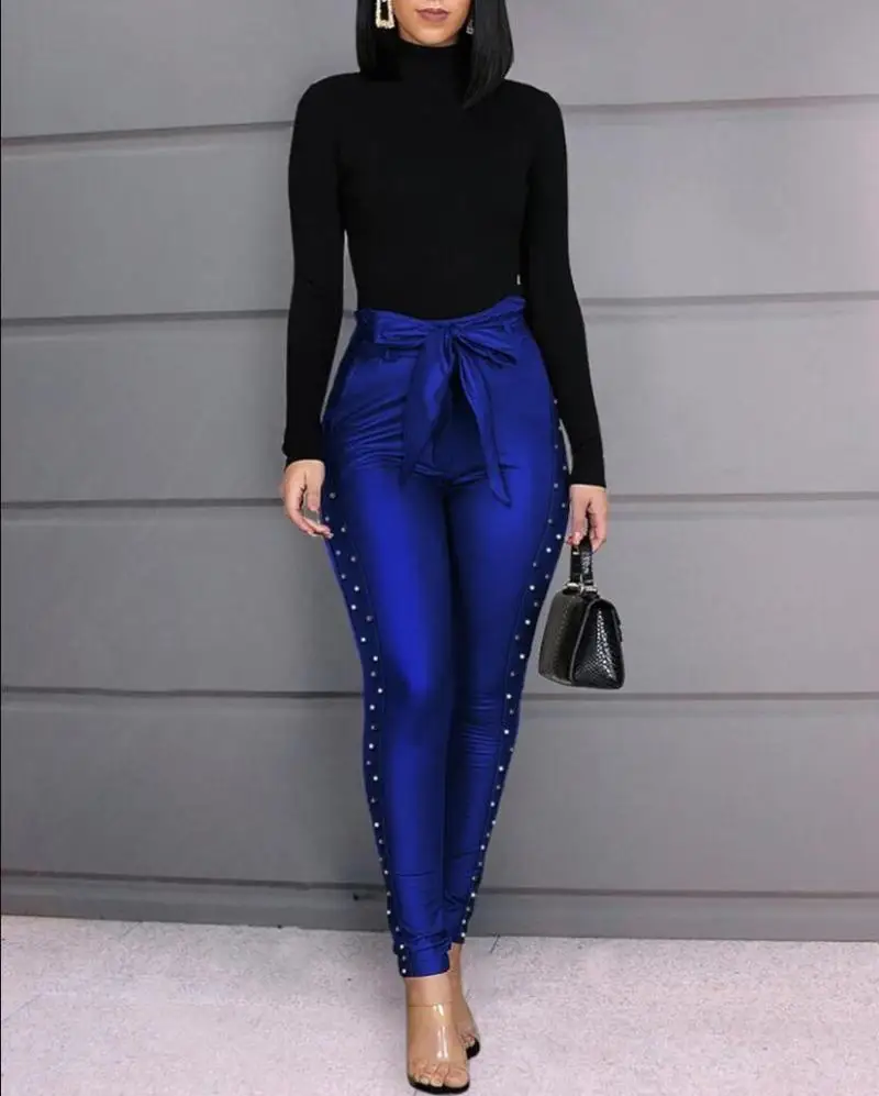 

Women Solid High Waist Pencil Pants Bow Tie Beads Skinny Trouser Lady Nightclub Pants