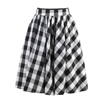

Full Circle Women Swing Skirt Girl's High Waist Black with White Gingham Skirts A Line Cotton Retro Plaid Skirt British Style
