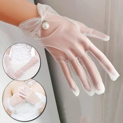 White Bride Dress Gloves Mesh Bow Pearl Short Lace Gloves Wedding Accessories Party Prom Cosplay Performance Women Accessories