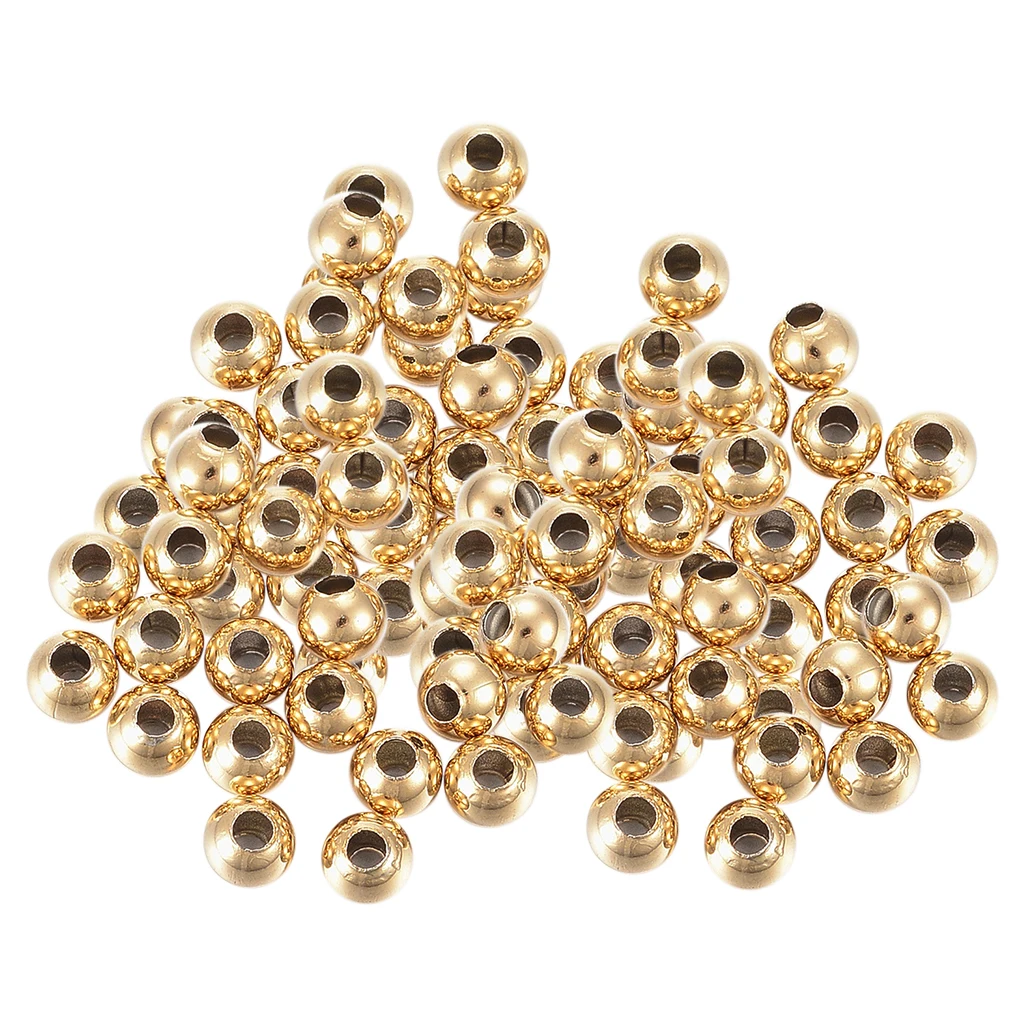 100x Round 304 Stainless Steel Beads -Golden Smooth Loose Spacer Beads 