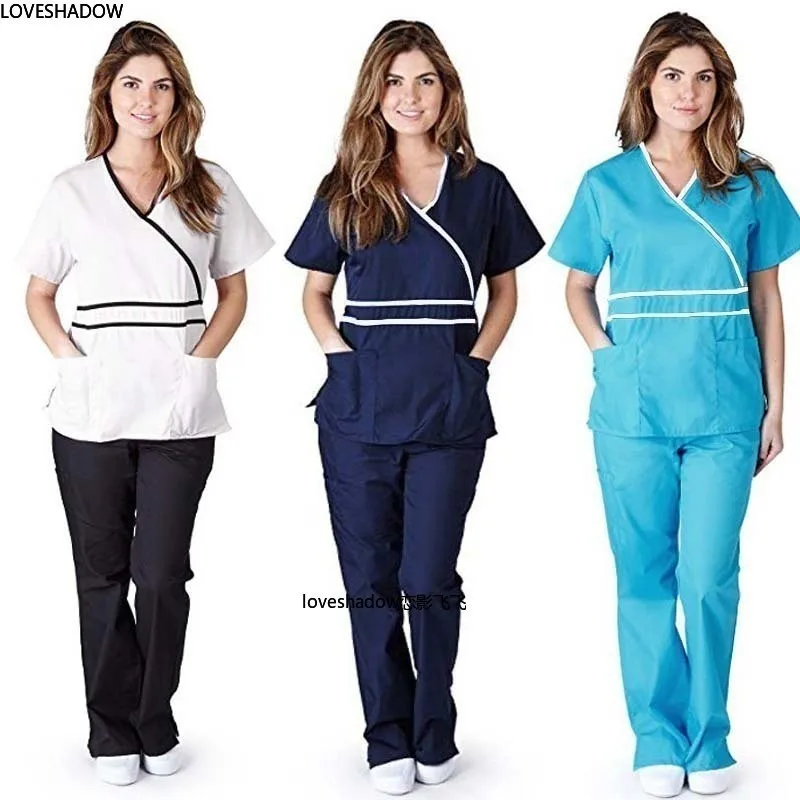 

Women Scrub Top/Scrub Set Dentist Spa Uniforms Vet Workwear Clothes Mock Wrap V Neck Top Elastic Waist Drawstring Scrub Pants