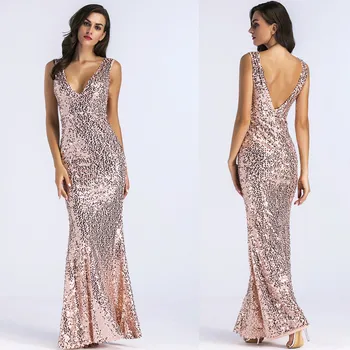 

V Neck Long Sequin Evening Gown Floor Length Formal Prom Dress Party