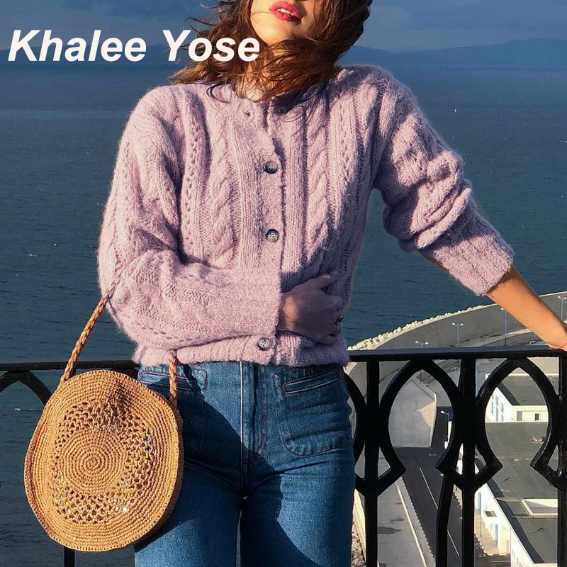 

KHALEE YOSE Purple Sweater Cardigan Women Twist Knitted Hollow Out Oversized Button Front Sweater 2019 Autumn Winter Sweaters