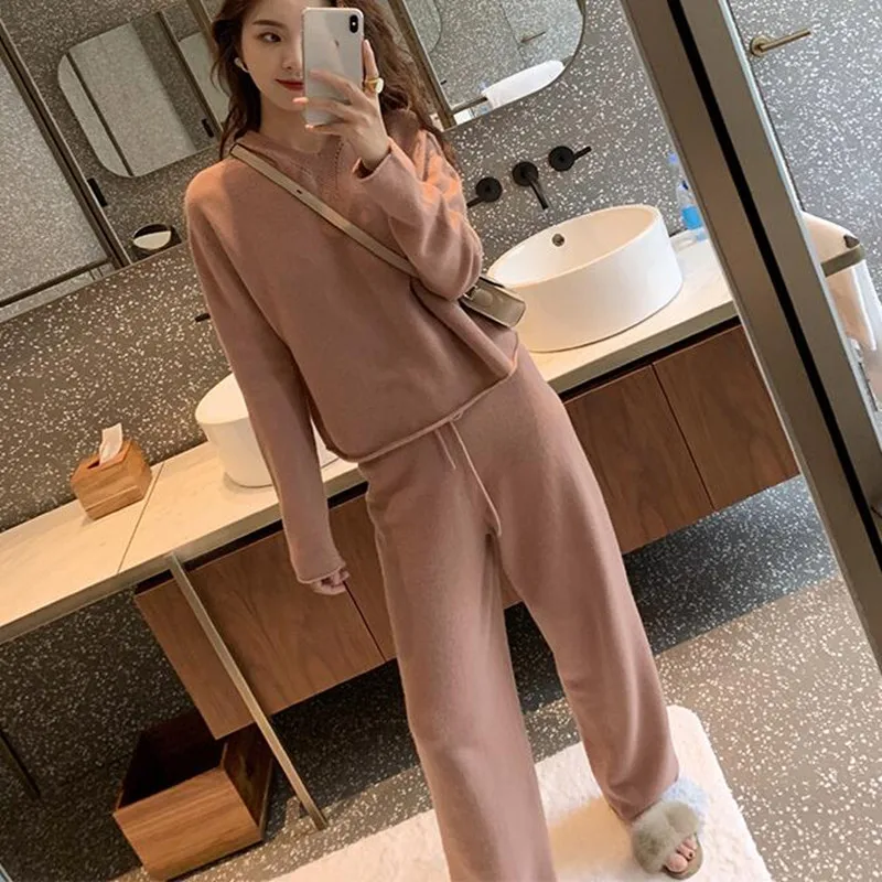 

2019 Autumn Casual Sweaters Tracksuit Womens Knitted Cashmere Two Piece Sets Women Hooded Sweatshirts Sporting Suit Female