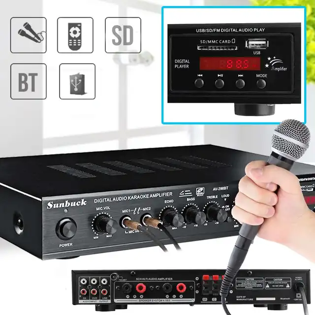 Sunbuck Bluetooth Digital Amplifier Stereo LED USB AV Power Surround 298BT High Resolution Amplificador Audio Player Subwoofer 4