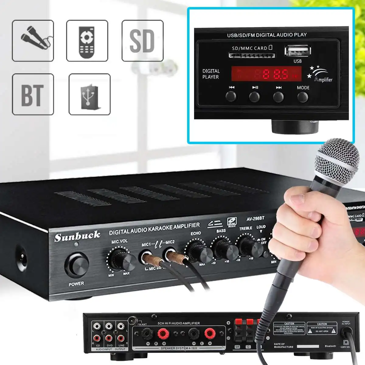 Sunbuck-amplificador Digital Bluetooth Estéreo Usb av Poder Surround 298bt Alta Resolução Áudio Player Subwoofer Led - Image 4