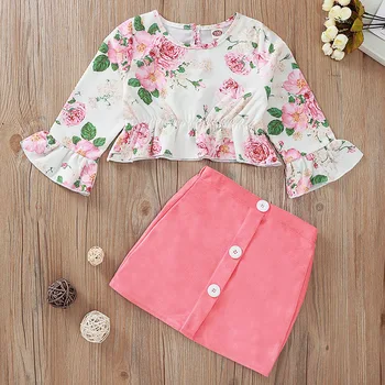 

Autumn Clothes Girl Tops Blouse Flare Sleeve Long Skirts Floral Clothes Sets 2pcs Ruffles New Kids Toddler Baby 1-5Y