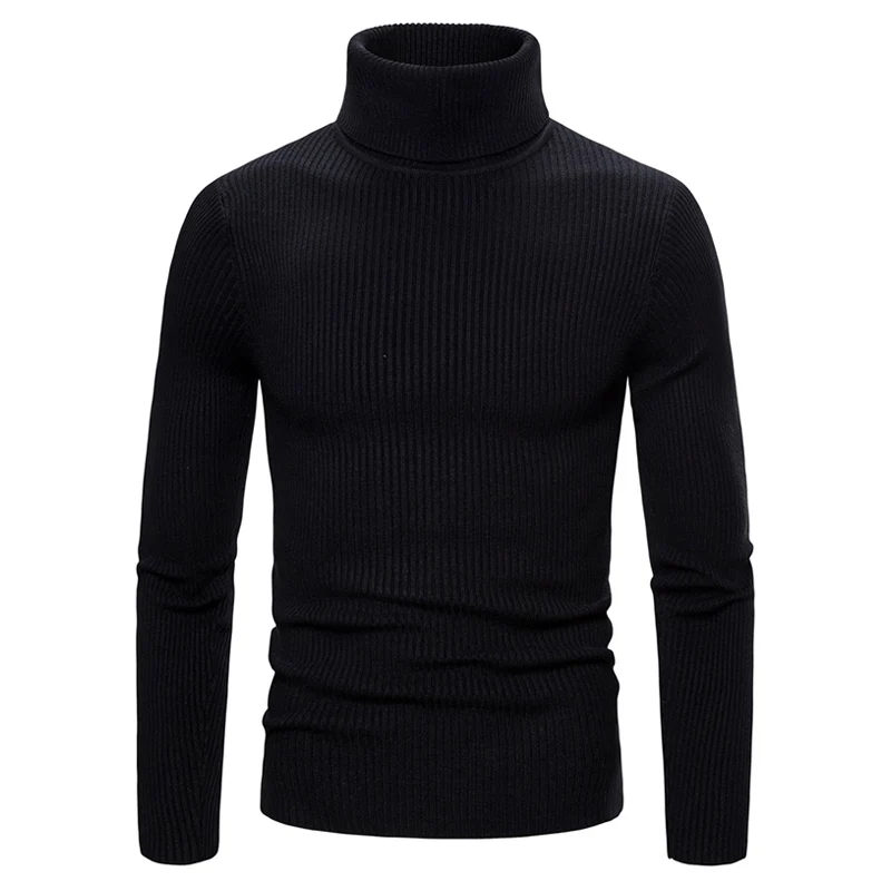 Осенние мужские однотонные свитеры, плотный пуловер с высоким воротником, Мужской Повседневный свитер с высокой эластичностью, мужской вязаный свитер с двойным воротником - Цвет: Black