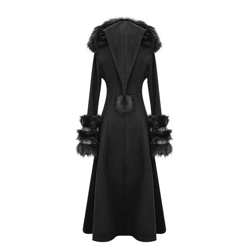 Devil Модный женский готический черный Тренч с капюшоном пальто со съемными пушистыми аксессуарами CT12601