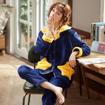 

Winter Warm Flannel Women Pyjamas Sets Thick Coral Velvet Long Sleeve Sleepwear Full Length Pajamas Set for Girl Pijama Mujer