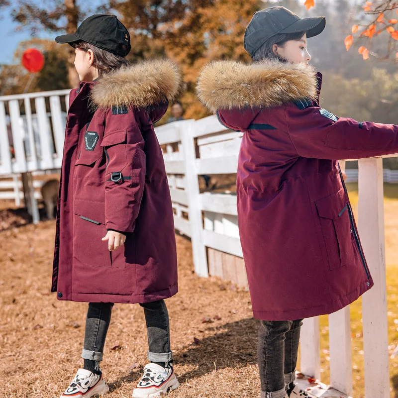 

Children's fashion solid color winter down jacket Girl's natural fur collar long duck down coat Boys thicken warm snow jackets