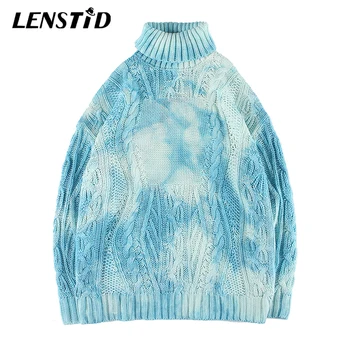 

LENSTID 2019 Autumn Harajuku Turtleneck Tie-Dye Knitted Winter Sweater Mens Hip Hop Streetwear Male Fashion Pullover Sweaters