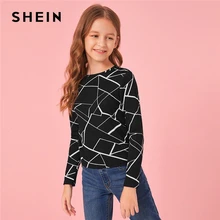 SHEIN Kiddie Black Geometric Print Kids Casual T-Shirt Teenager Clothes Autumn Long Sleeve Basic Tops And Tees For Children