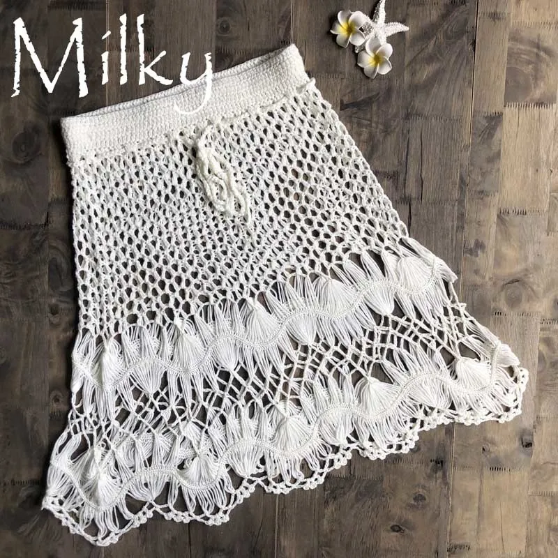 Вязанные крючком бикини Boho Хлопковые вязаные мини юбки женские летние пляжный с завышенной талией выдалбливают мини юбки крутые горячая распродажа - Цвет: milky one size