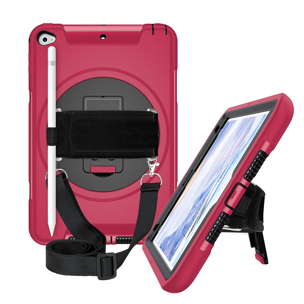 

For iPad Mini 4 5 Case with Pen Holder Protective Cover with 360° Rotation Stand+Shoulder Hand Strap for iPad Mini5 2019 FTL02