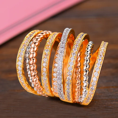 GODKI Дубай, Марокканское модное женское кольцо с широкими линиями, кольца на палец с кубическим цирконием, бусины, очаровательное кольцо, богемное пляжное ювелирное изделие - Цвет основного камня: Tricolor
