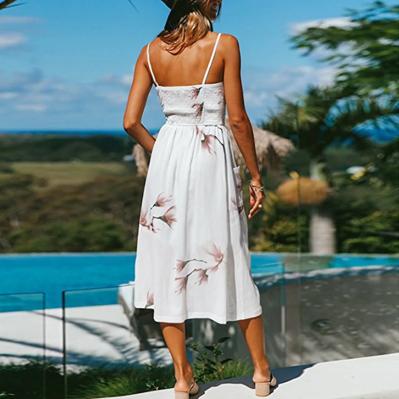 2018 New LOSSKY Women Print Floral Stripe Bohemian Dress V-Neck Sleevele Sexy Button Beach Casual Boho Midi Dress Plus Size 3XL