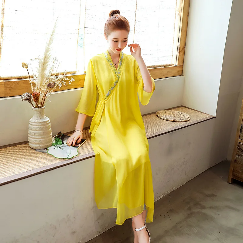 

Chinese-style Immortal Gas Dress Breasted Chinese Clothing Women's 2019 New Style Summer Wear Embroidered National Wind Cotton L