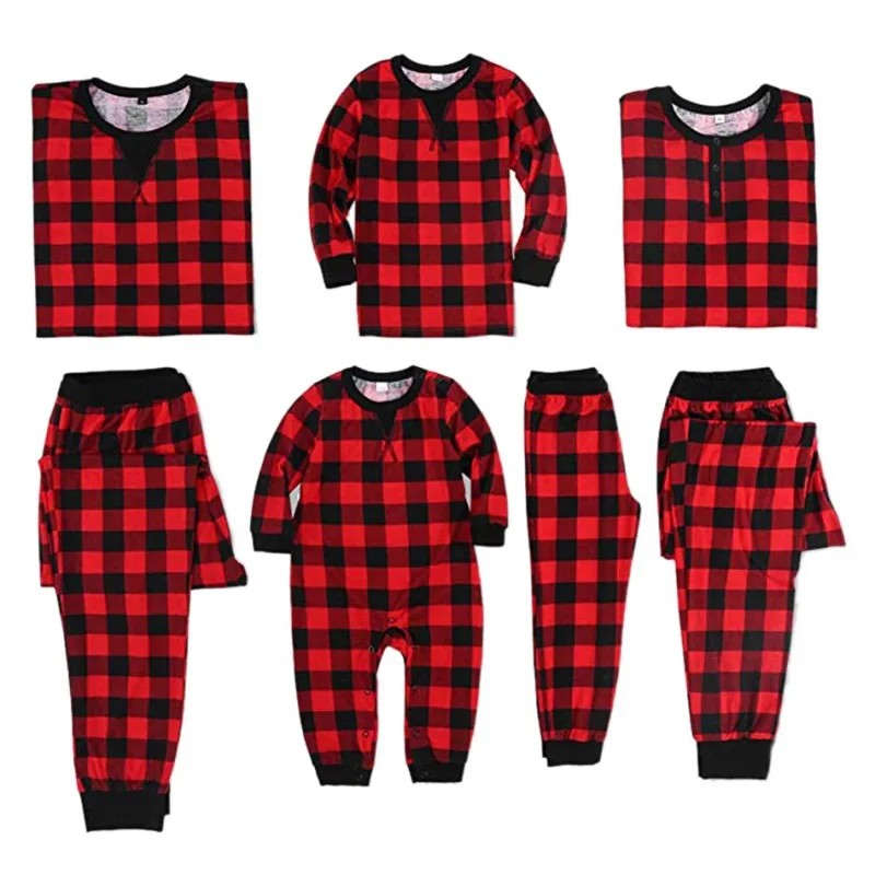 Одинаковая Рождественская семейная Одежда Домашняя одежда, черные и красные клетчатые пижамы для отдыха для мамы папы ребенка красного цвета