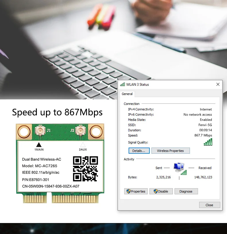 Dual Band 1200Mbps Wireless Card MC-AC7265 Bluetooth 4.2 Notebook Wlan Wifi Card Adapter 802.11ac 2.4G/5GHz Better 7260HMW pcie