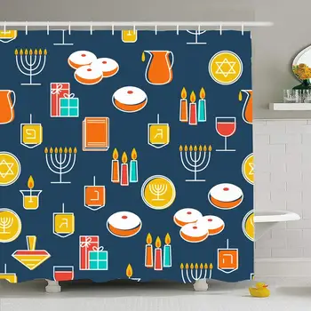 

Shower Curtain Set with Hooks 66x72 Donut Hanukkiya for Symbol Gift Print Modern Paper Sufganiyah Pattern Symbols Textures