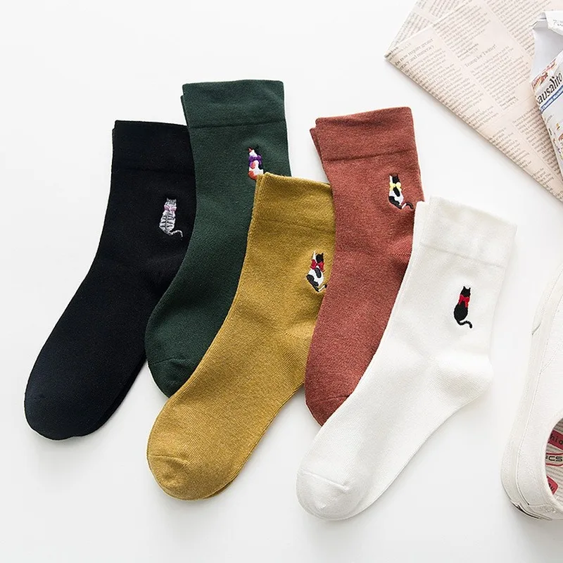 Женские Носки с рисунком кота; хлопковые теплые милые Модные Повседневные Дышащие носки в Корейском стиле; Calcetines Happy