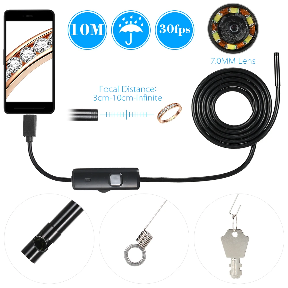 

OWSOO 7MM 6 LED Lens Endoscope IP67 Waterproof Inspection Borescope Wire Snake Tube Camera for OTG