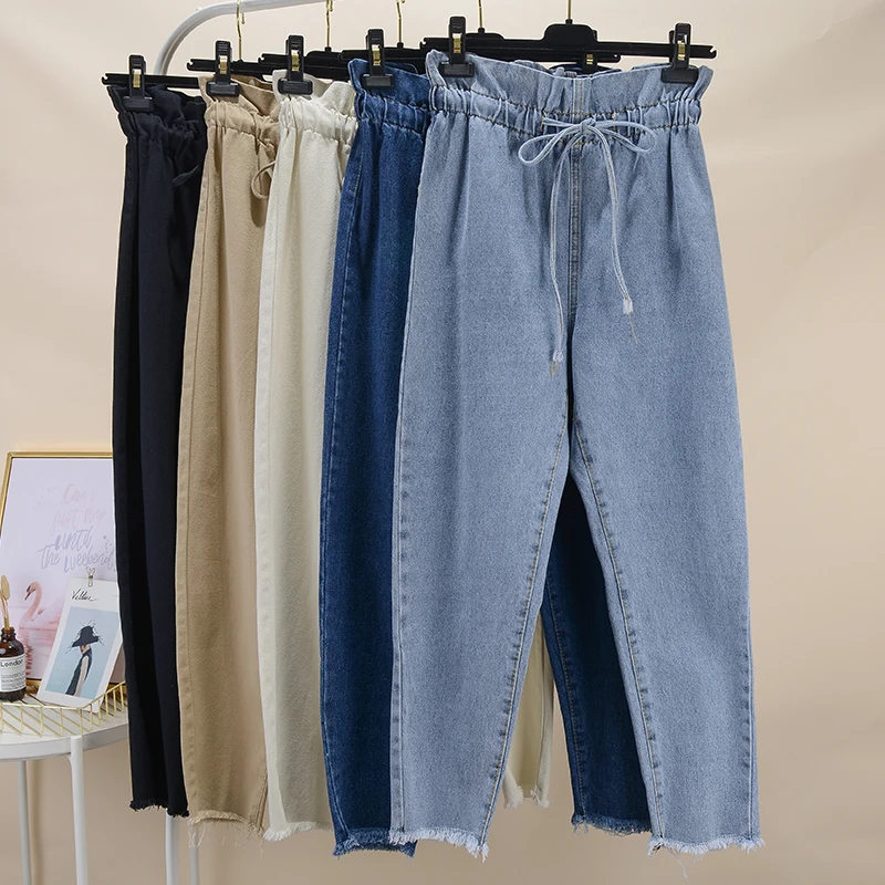 S-XXL корейские повседневные джинсовые штаны с высокой талией для женщин и девочек, свободные штаны-шаровары с эластичной резинкой на талии, женские брюки