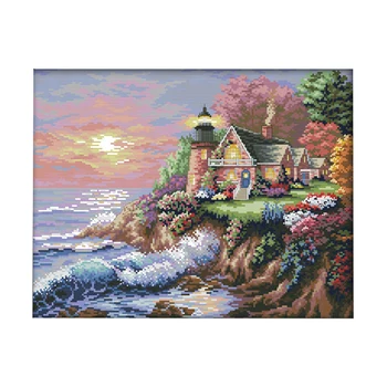 

Cross Stitch Kit Pre-Printed Pattern Scenery- Seaside Lighthouse 11Ct Fabric 22 Inches By 17.7 Inches, Cross-Stitching Needlewor