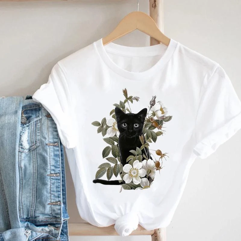 Cat Plant Flower New Lovely Women Clothes Cartoon Clothing Fashion Short Sleeve Print Tshirt Female Top Graphic Tee T-shirt cool t shirts