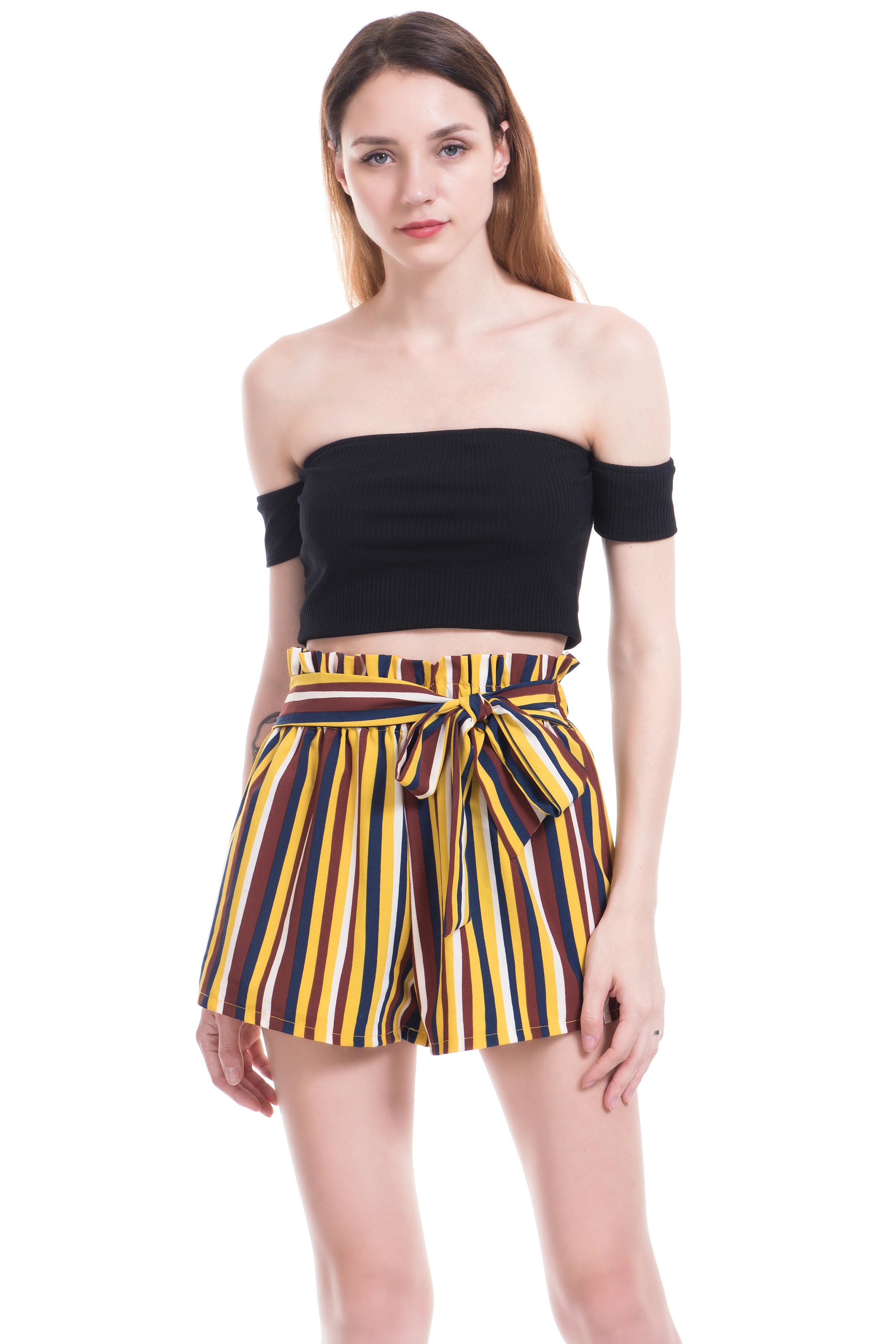 

Lace-up high-waist striped loose women's shorts plus size beach short pants