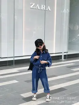 

Girls 2020 autumn new parent-child fashion big kids Korean denim jumpsuit jeans suit belt