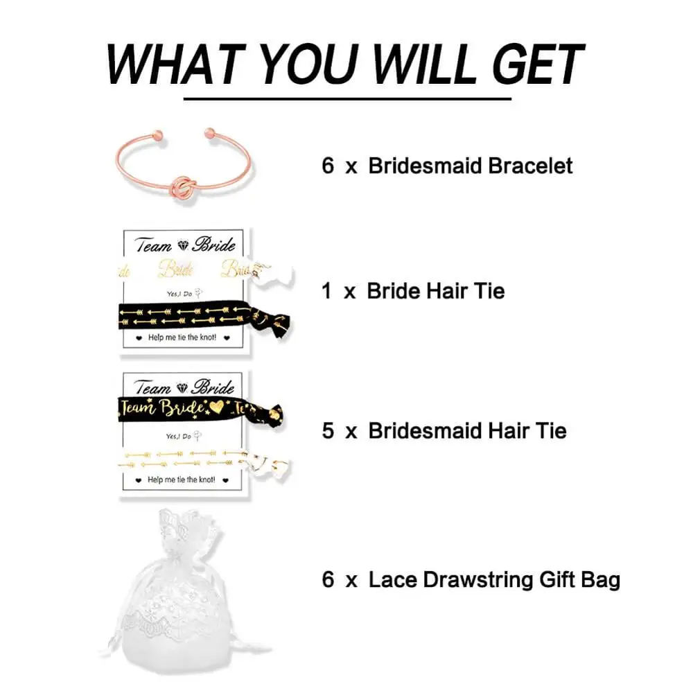 Bridesmaid Bracelets Hair Tie Gift Love Knot Adjustment Bangle Bridesmaids Hair Tie Bridal Shower Set of 6