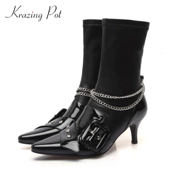 

Krazing pot large size cow leather chains buckle decorations streetwear pointed toe thin high heels slip on mid-calf boots L66