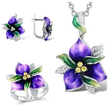 Изысканный Фиолетовый бутон цветок Серебряный набор украшений для женщин Мода Эмаль кольцо серьги-подвеска Набор украшения на свадьбу, годовщину