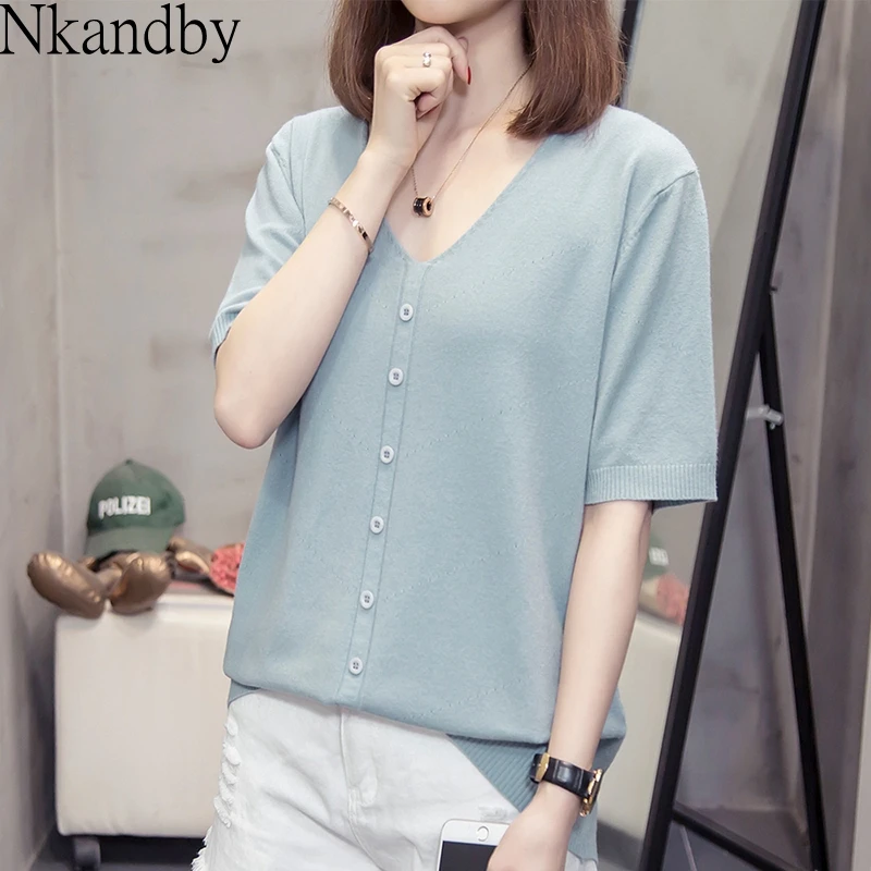 

plus size v neck knitted tops t shirt 2020 summer women fashion casual loose button short sleeve t-shirt oversize solid knitwear