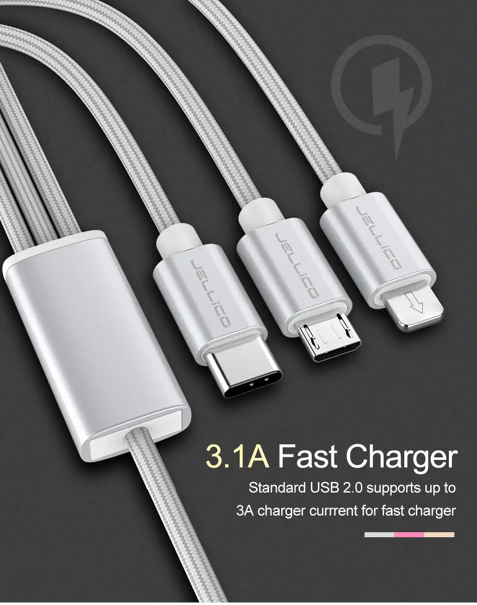 Jellico 3в1 USB кабель для iPhone X 8 7 6 кабель Micro usb type C кабель для samsung S9 S8 кабель быстрой зарядки 3A шнур зарядного устройства