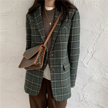 

Comelsexy OL Notched Vintage Plaid Single Breasted Blazer Coat 2020 New Autumn Formal Casual Loose Chic Women Retro Suit Jacket