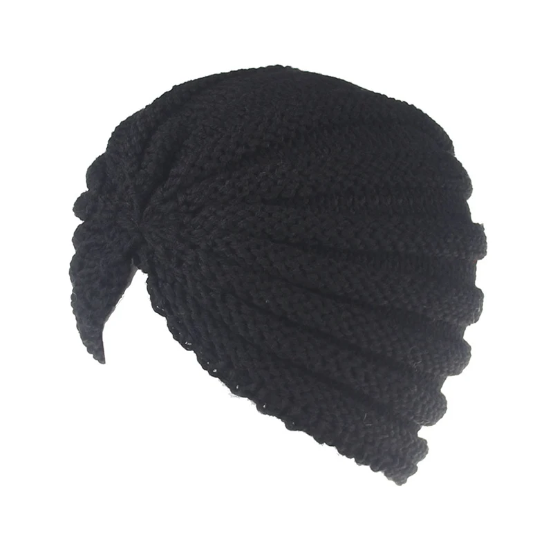 Черный Female Knitted Hat Cap Hat India Hat beanie Ladies Hair Accessories winter cap Crochet Turban Female Head Wraps winter hat - Цвет: Черный