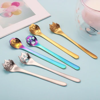 

2020 Stainless Steel Gold Dog Cat Paw Claw Hollow Spoon Tea Coffee Dessert Spoons Cute Kitchen Tools Tableware Mug Supplies