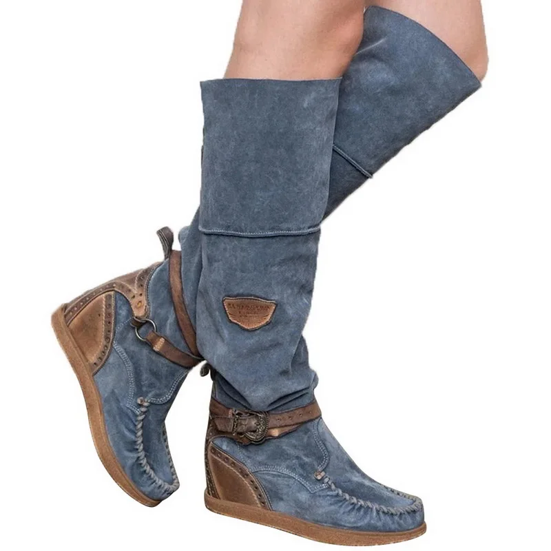 HEFLASHOR/женские сапоги до колена кожаные ковбойские женские ковбойские ботинки мотоботы с острым носком без застежки в западном стиле для девочек Женская обувь - Цвет: blue 3