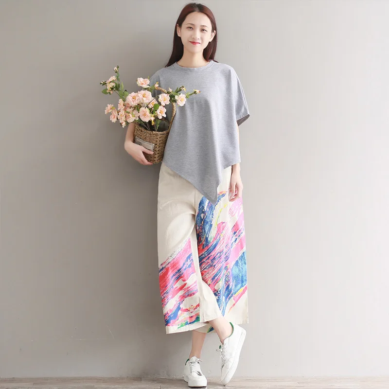 

2019 Summer New Style Loose And Plus-sized Irregular T Short Sleeve + Cool Printed Loose Pants
